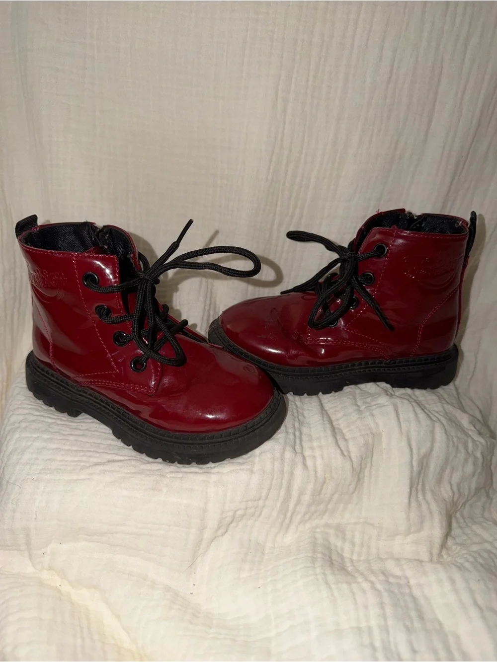 Children's Glossy Red Lace-Up Platform Boots
